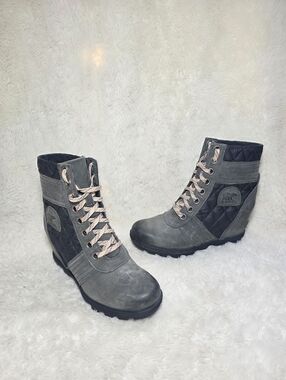Sorel Evie Sport Lace Waterproof Wedge Boots Ash Brown Gray Black 8 Chic Sporty